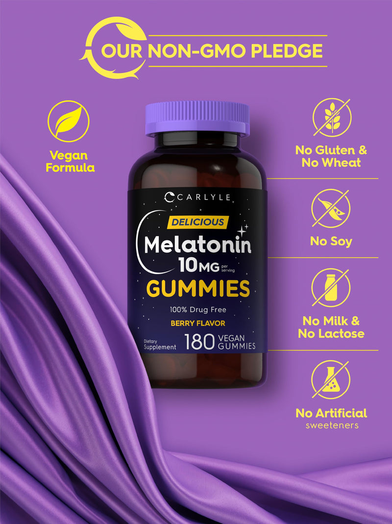 Carlyle Melatonin Gummies 10mg | 180 Count (Pack of 2) – Berry Flavor, Vegan, Non-GMO, Gluten Free