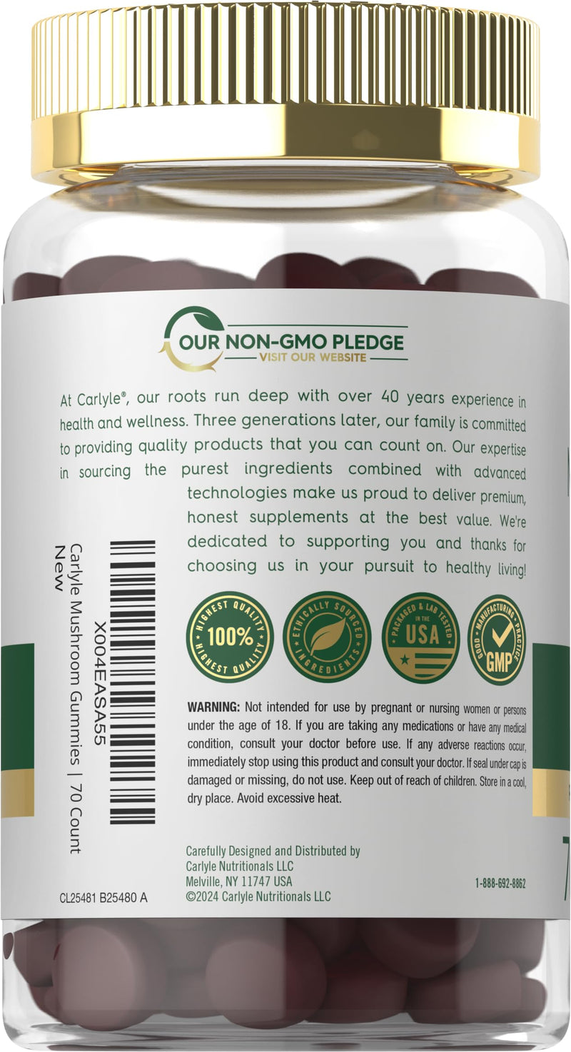 Carlyle Mushroom Supplement Gummies | 70 Vegan Gummies | 10-in-1 Blend | Non-GMO & Gluten Free