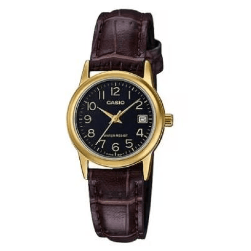 Casio Ladies Dated Analogue Designer Black Dial Brown Leather Strap Watch - InStock