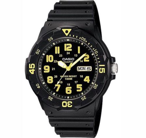 Casio Mens Day Date Yellow Number & Black Rubber Strap Watch - MRW-200H-9BVDF - InStock