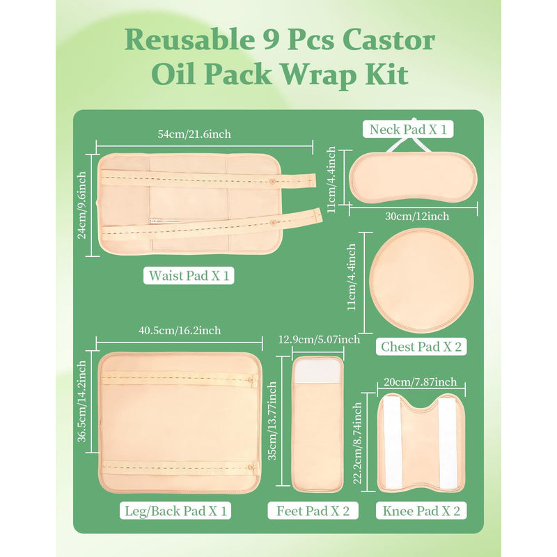 Castor Oil Pack Wrap Kit - 9 Pcs, Reusable & Adjustable