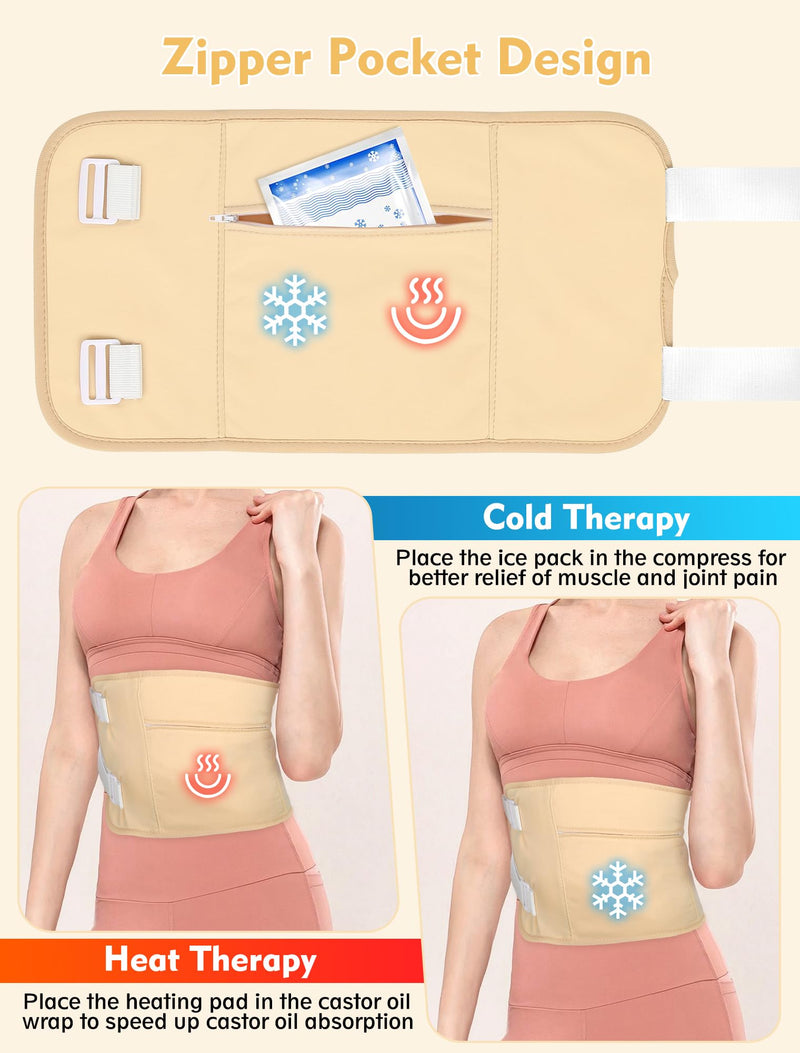 Castor Oil Pack Wrap Kit - 9pcs Reusable Organic Cotton, Adjustable Leak-Proof Wraps for Shoulders, Neck, Back & More