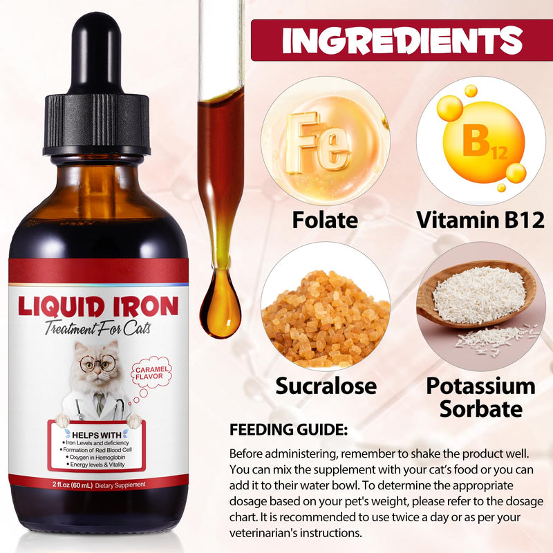 Iron Supplements for Cats - 60ML Liquid Iron with Folate and B12 | Supports Anemia, Energy Levels, and Blood Health
