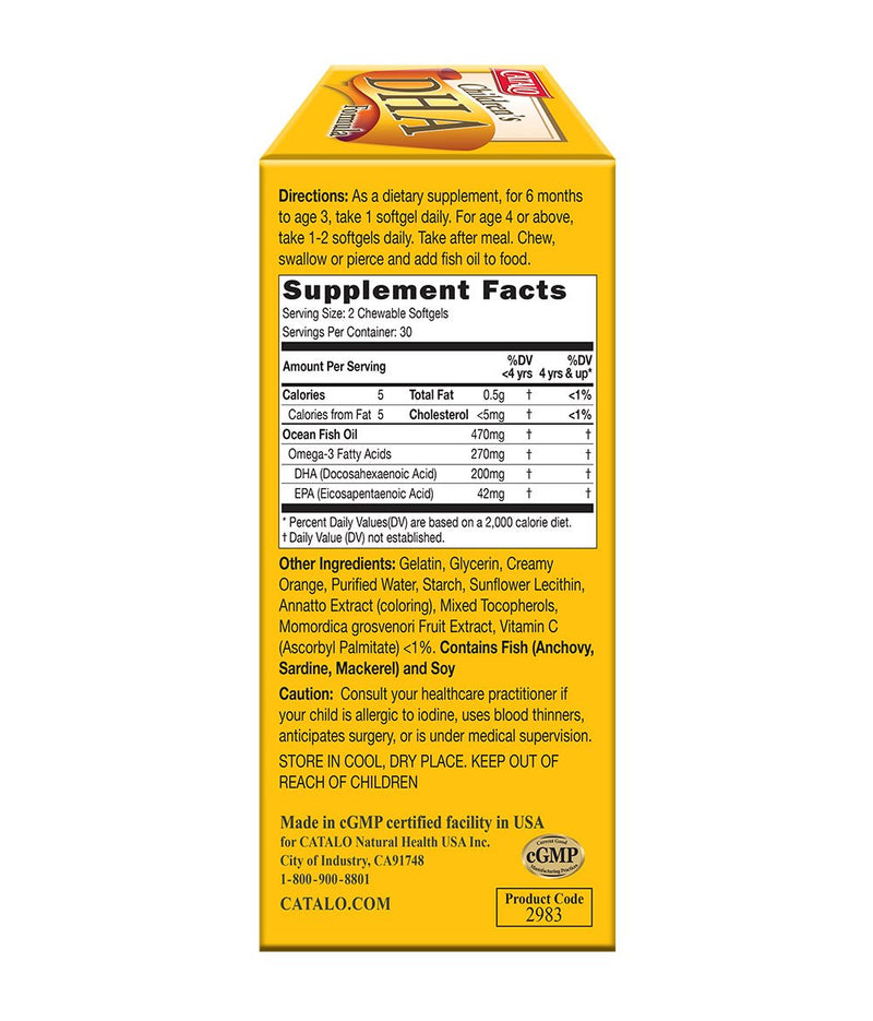 CATALO Children’s DHA Formula – 200mg DHA Chewable Softgels for Kids, Orange Flavor, 30 Softgels
