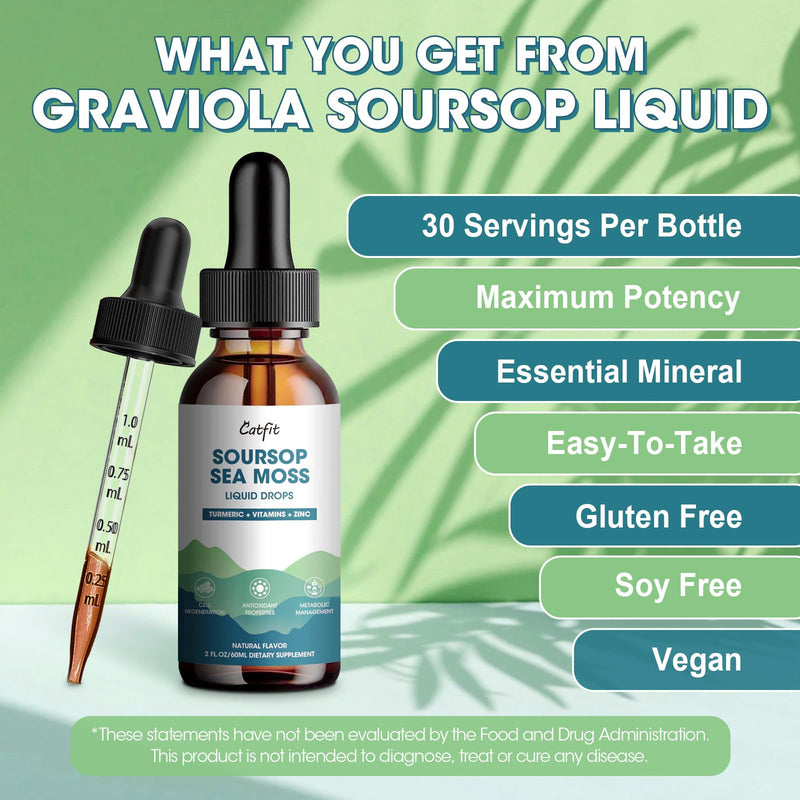 Catfit Soursop Graviola Liquid Drops – 2 Pack with Sea Moss & Turmeric, Immunity Support (2 fl oz)