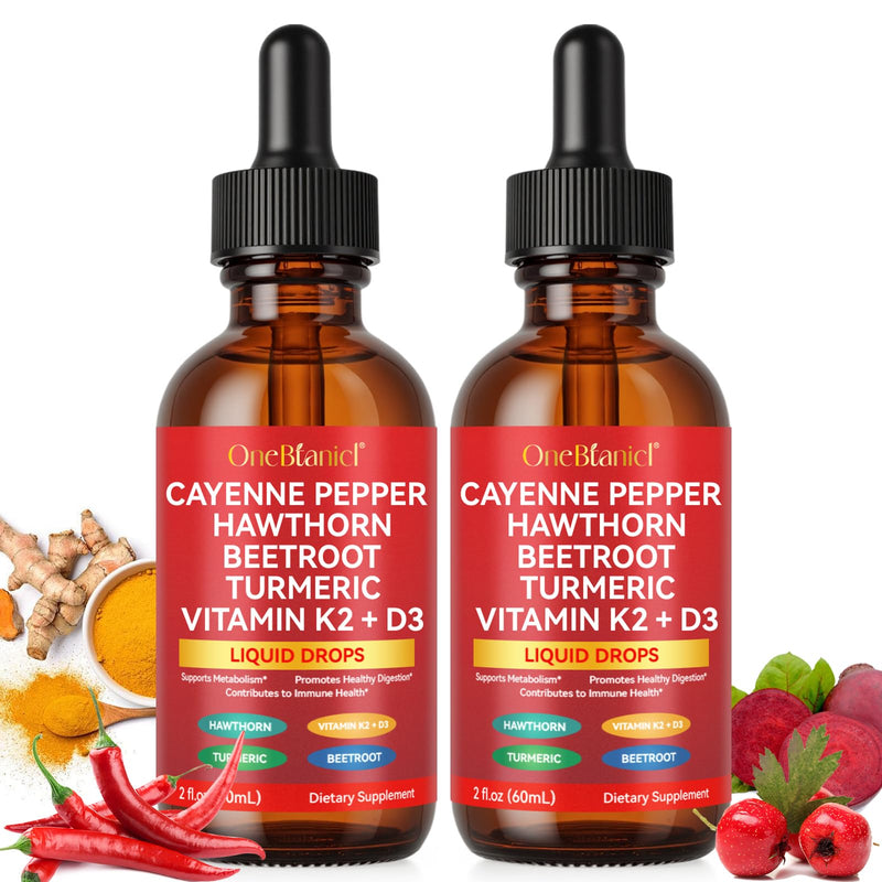 Cayenne Pepper Drops with Hawthorn, Beet Root, Turmeric, Vitamin K2 & D3 – 2 Pack (Liquid Supplement)