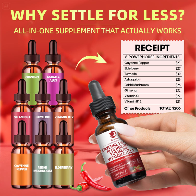 Cayenne Pepper Drops 8-in-1 Complex | Berry Flavor, 2 oz – Elderberry, Turmeric, Ginseng, Vitamin C & B12