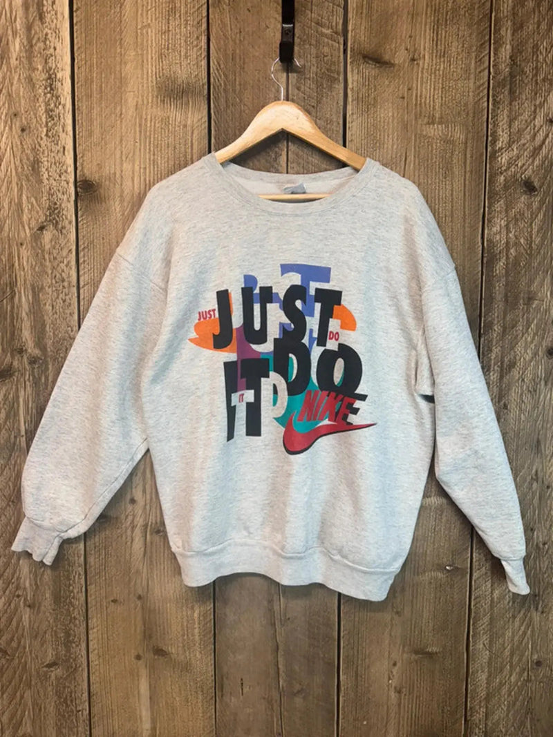 Vintage 80s Original Nike Just Do It Grey Spell Out Jumper Top Sweater Large.
