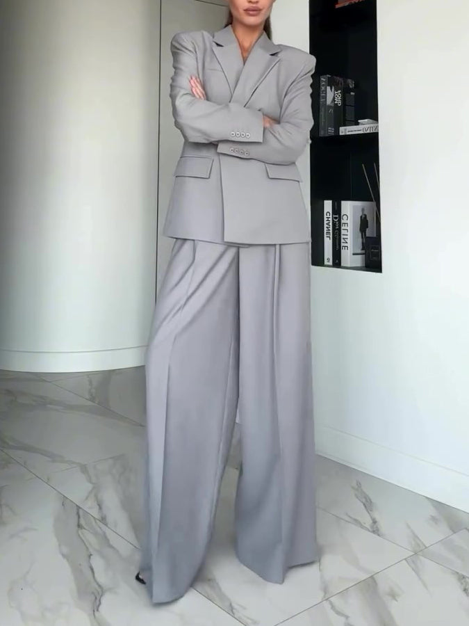 Gray Single-button Blazer & Wide-leg Pants Suit