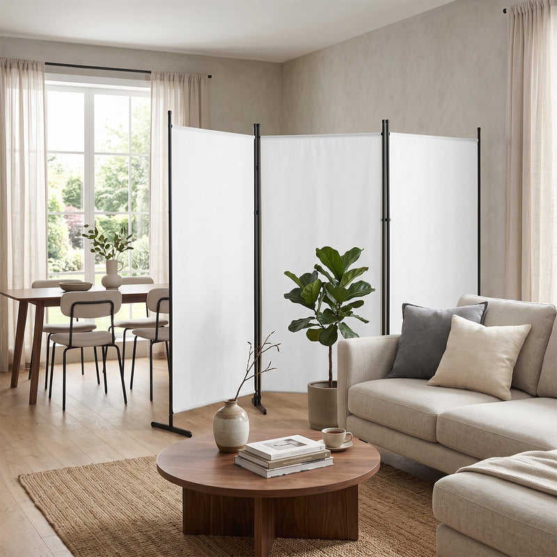 3-Fold Foldable Screen 160g Plastic Feet Polyester Fabric Carbon Steel Frame Room Divider 6FT Off-White