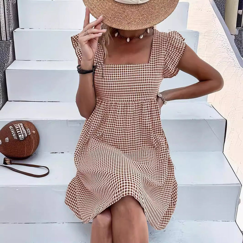 Square-neck Yarn-dyed Plaid Long-sleeve Loose-fitting Dress With Zippered Pockets
