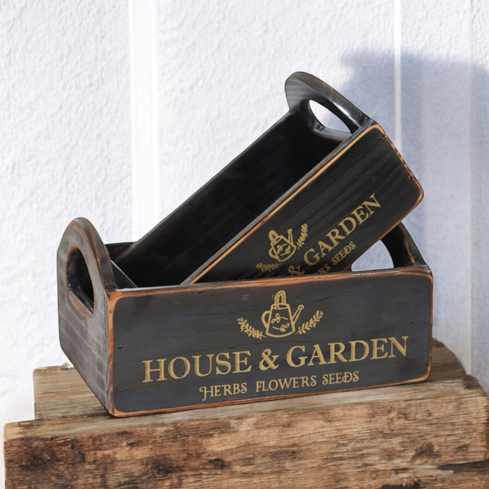 SET 2 BLACK WOODEN CRATES