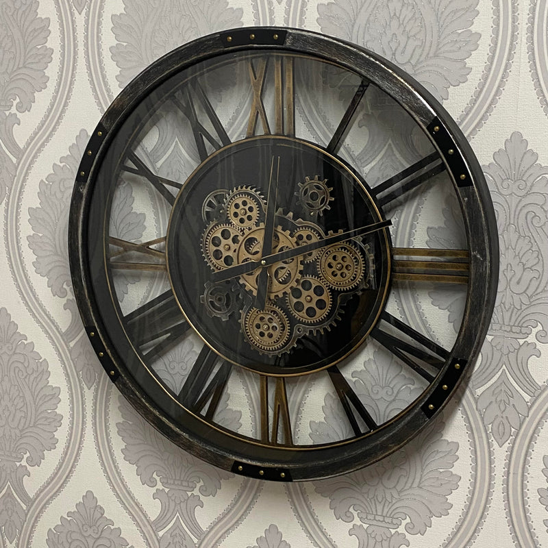 AcaciaHome Stylish & Decorative Industrial with Roman Numerals Round Wall Clock - Modern Design, Moving Gears, Battery-Operated Quartz Movement Timepiece for Living Room & Home (Black & Grey 68cm)