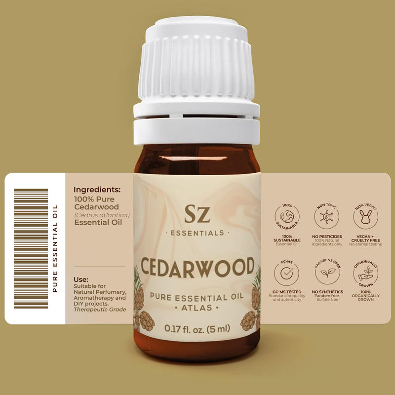 Sz Essentials - Cedarwood Essential Oil (Cedrus atlantica) – Therapeutic Grade, 100% Pure & Natural, 5ml (0.17 fl oz)