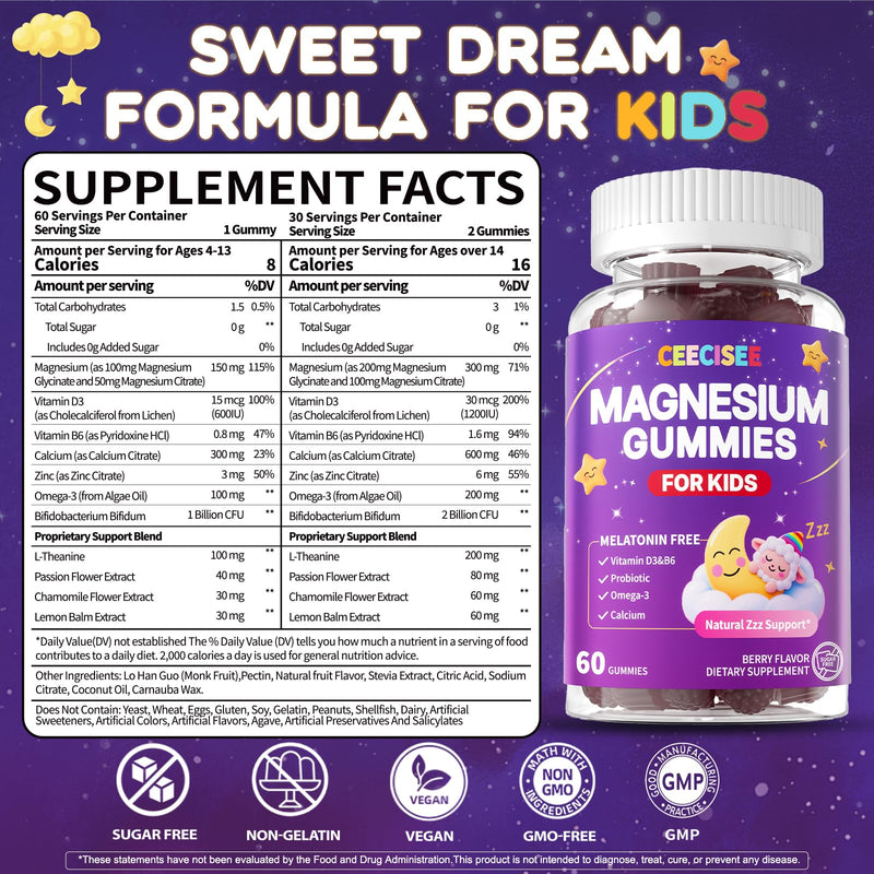 CEECISEE Magnesium Gummies for Kids 4+ | Organic Chewable Magnesium with B6, D3, Zinc + L-Theanine | Zzz Aid