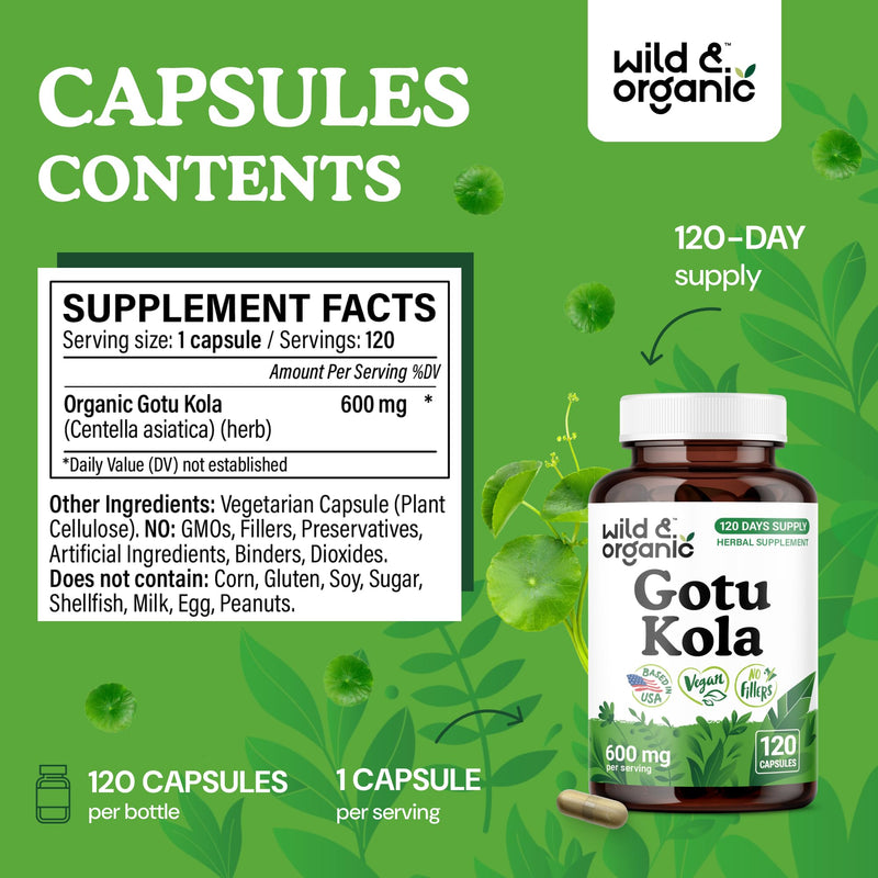 Wild & Organic Gotu Kola Capsules 600 mg – Brain & Focus Support | 120-Count, Vegan, Non-GMO