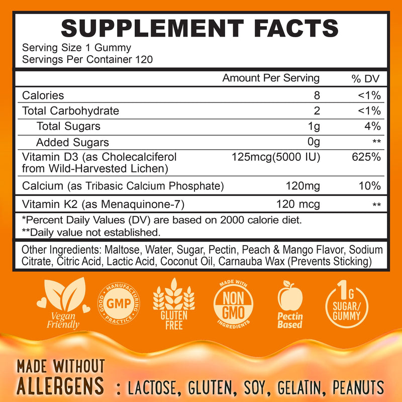 Center-Filled Vitamin D3 K2 Gummies - 120 Count - 5000 IU D3, 120 mcg K2, 120 mg Calcium - Vegan & Non-GMO