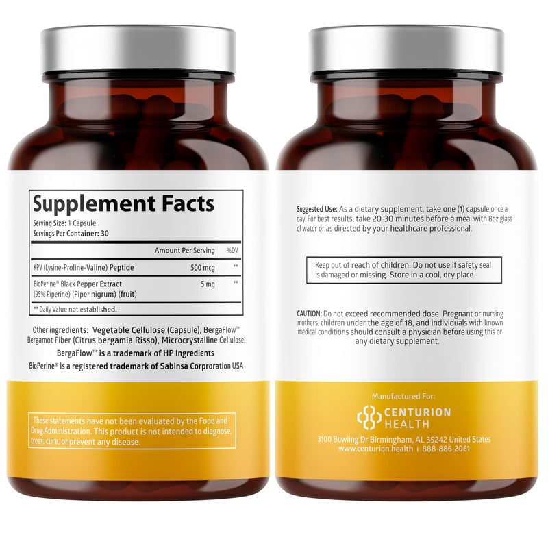 Centurion Labs KPV Supplement: Lysine-Proline-Valine Peptide with BioPerine, 500mcg per Serving, 30 Capsules