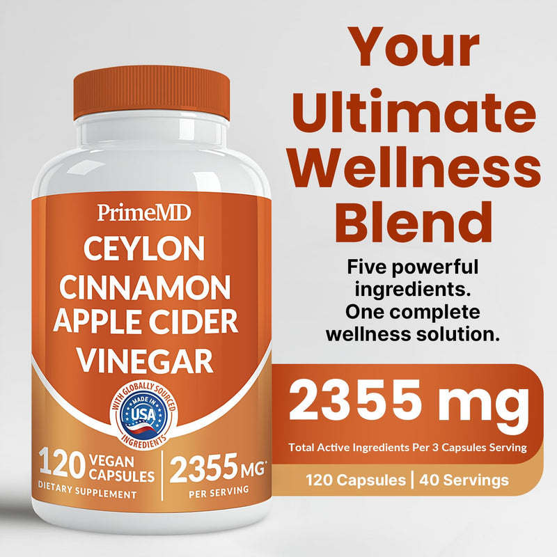PrimeMD 5-in-1 Ceylon Cinnamon Capsules 2355mg with Apple Cider Vinegar, Turmeric, Panax Ginseng & Bioperine (Pack of 2, 120 Count)