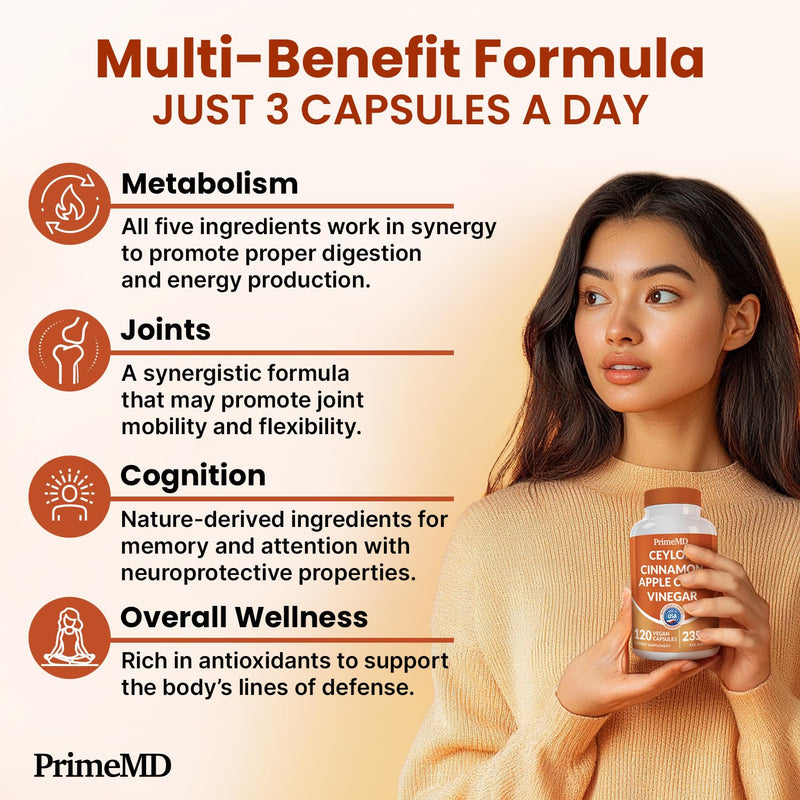 PrimeMD 5-in-1 Ceylon Cinnamon Capsules 2355mg with Apple Cider Vinegar, Turmeric, Panax Ginseng & Bioperine (Pack of 2, 120 Count)