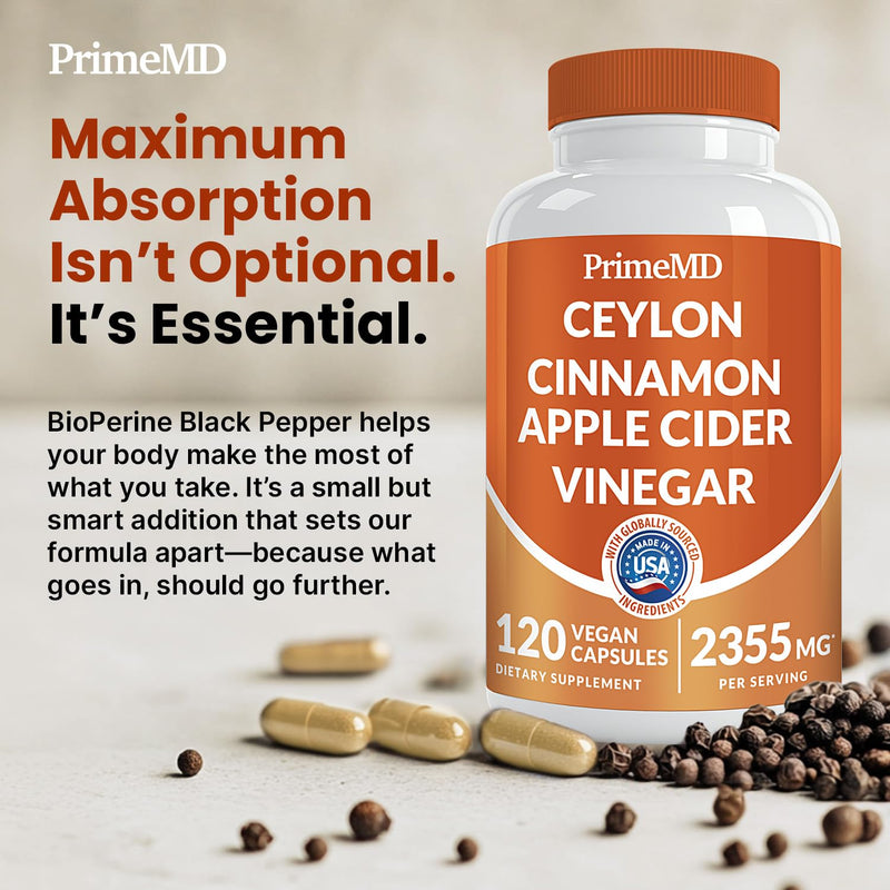 PrimeMD 5-in-1 Ceylon Cinnamon Capsules 2355mg with Apple Cider Vinegar, Turmeric, Panax Ginseng & Bioperine (Pack of 2, 120 Count)