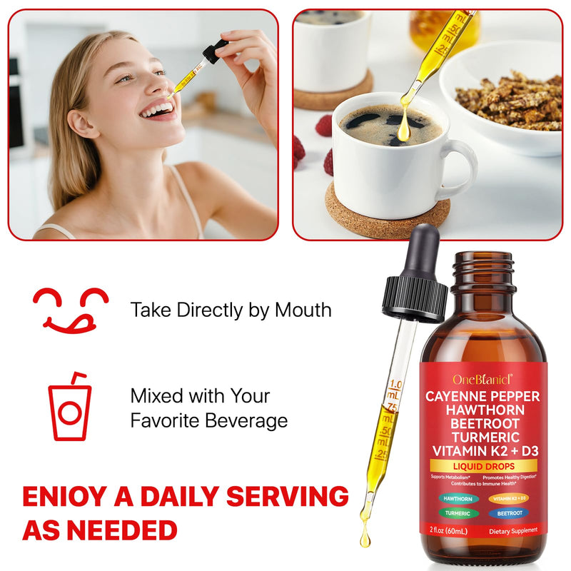 Cayenne Pepper Drops Liquid Supplement with Organic Extract, Hawthorn Berry, Beet Root Powder, Vitamin K2 & D3, Ceylon Cinnamon
