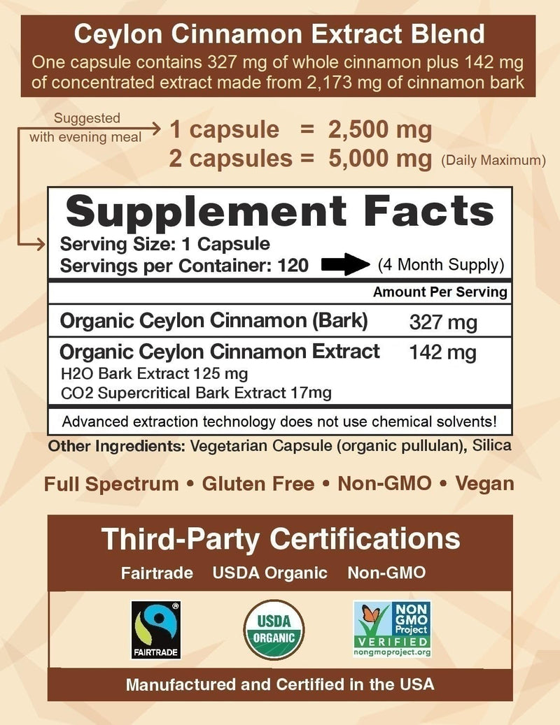 Ceylon Cinnamon Shop CinnaGuard Organic Cinnamon 2500mg – Extra Strength, 120 Count