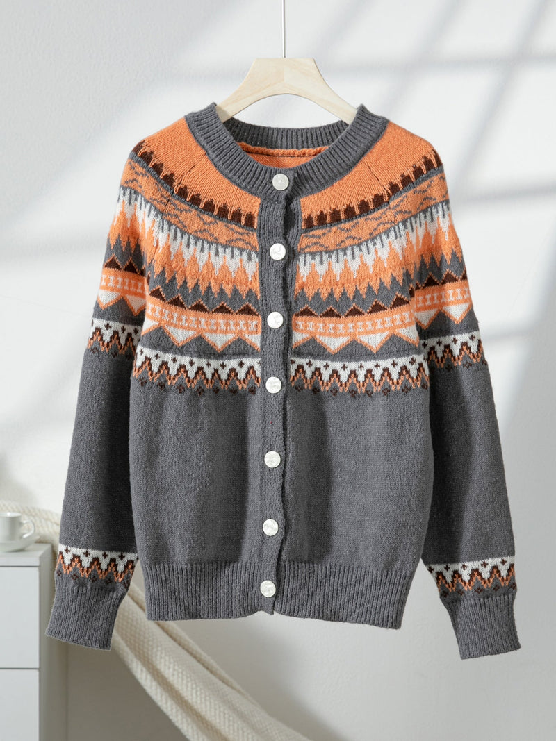 Contrast Color Single-breasted Long Sleeve Knitted Cardigan