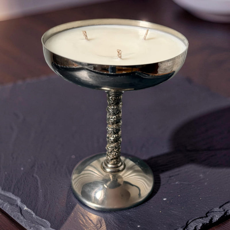 Repurposed Engraved Silver Goblet Candle - Walled Garden