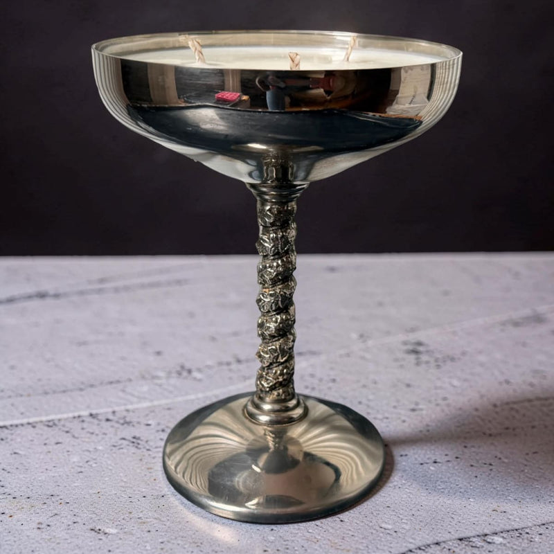 Repurposed Engraved Silver Goblet Candle - Walled Garden