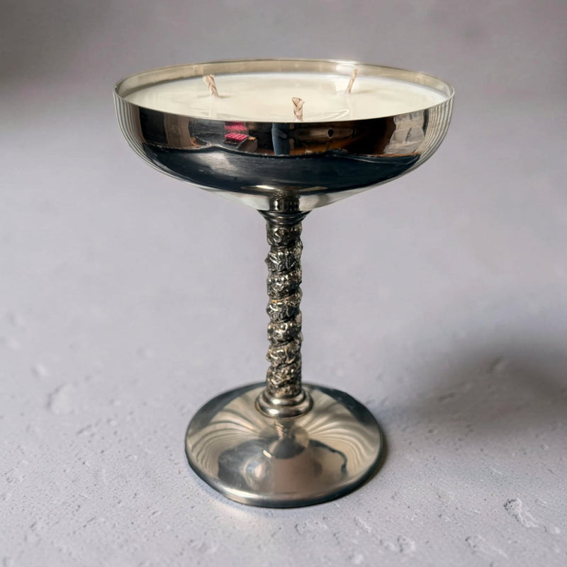 Repurposed Engraved Silver Goblet Candle - Walled Garden