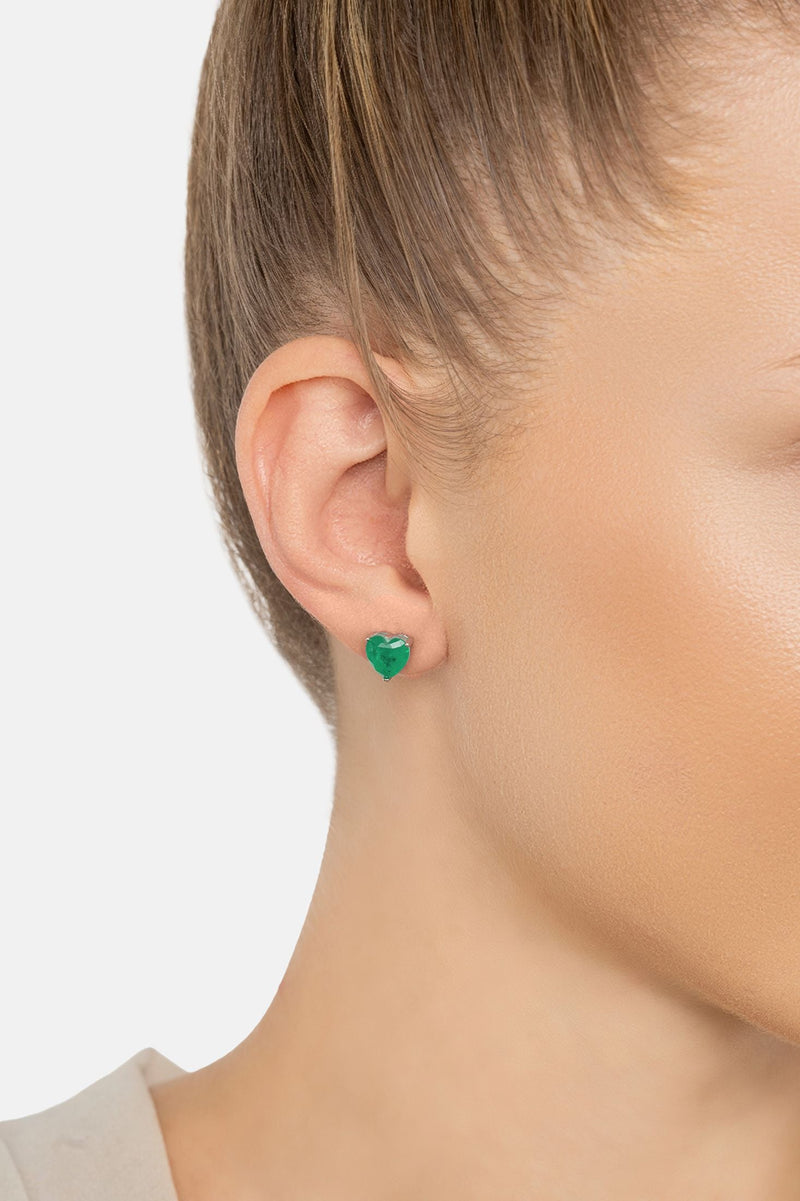Amore Heart Stud Earrings Colombian Emerald Silver