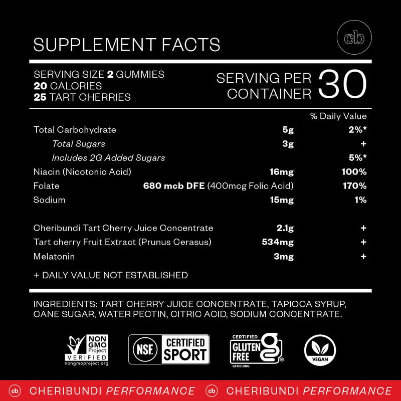 Cheribundi Tart Cherry Gummies Sleep – 25 Cherries, 3 mg Melatonin | 60 Count | Vegan, Gluten-Free, Non-GMO