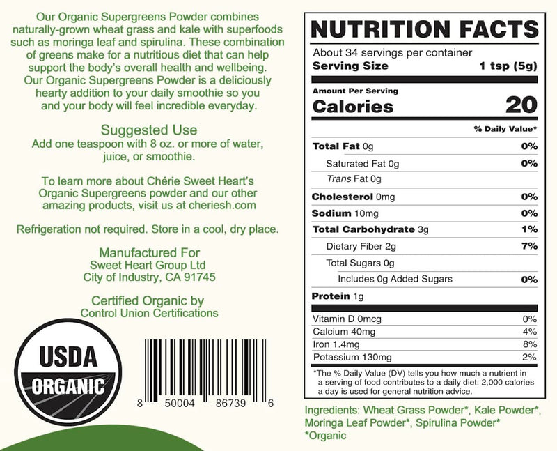 Cherie Sweet Heart Supergreens Powder | Organic Greens & Smoothie Superfood (6 oz, 34 Servings)