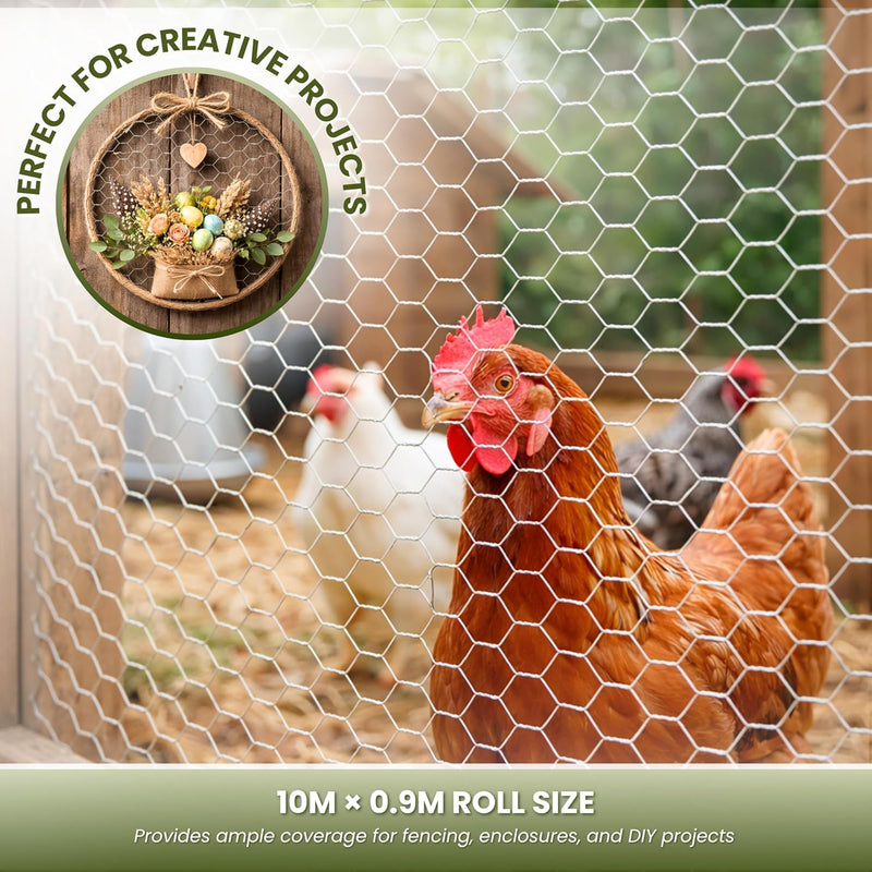 10m Galvanised Chicken Wire Mesh Roll with Fixings 13mm