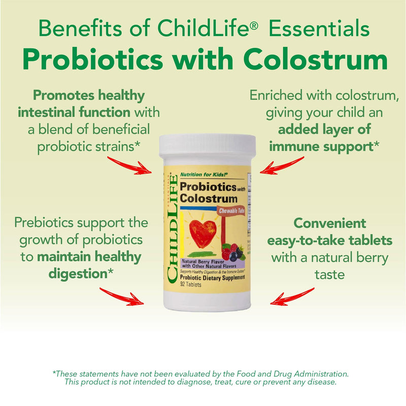 CHILDLIFE ESSENTIALS ChildBiotics with Colostrum – Probiotics for Kids, Berry Chewables, 92 Tablets (Pack of 2)