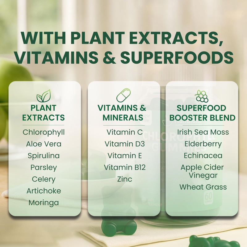Chlorophyll Gummies with Vitamins C, D3, E, B12 & Zinc — Vegan, Sugar-Free | Immune & Digestive Support | Green Apple (60 Count Pack of 2)