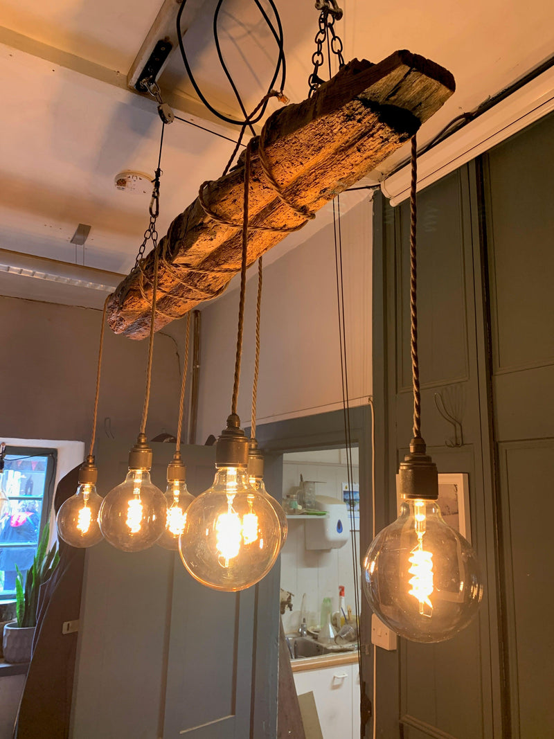 Crafted Oak Beam Chandelier | Rustic Wrapped Cable Kitchen & Dining Lighting UK