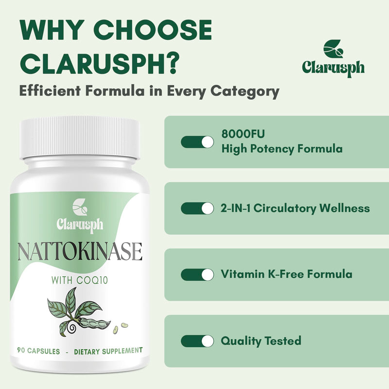 Clarusph Nattokinase Supplement for Circulation – 8000 FU + CoQ10, 90 Capsules, Gluten-Free