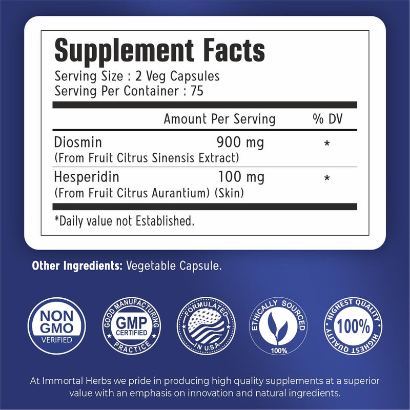 Immortal Herbs Diosmin Hesperidin 1000mg Complex – 150 Vegan Capsules | Gluten Free & Non-GMO