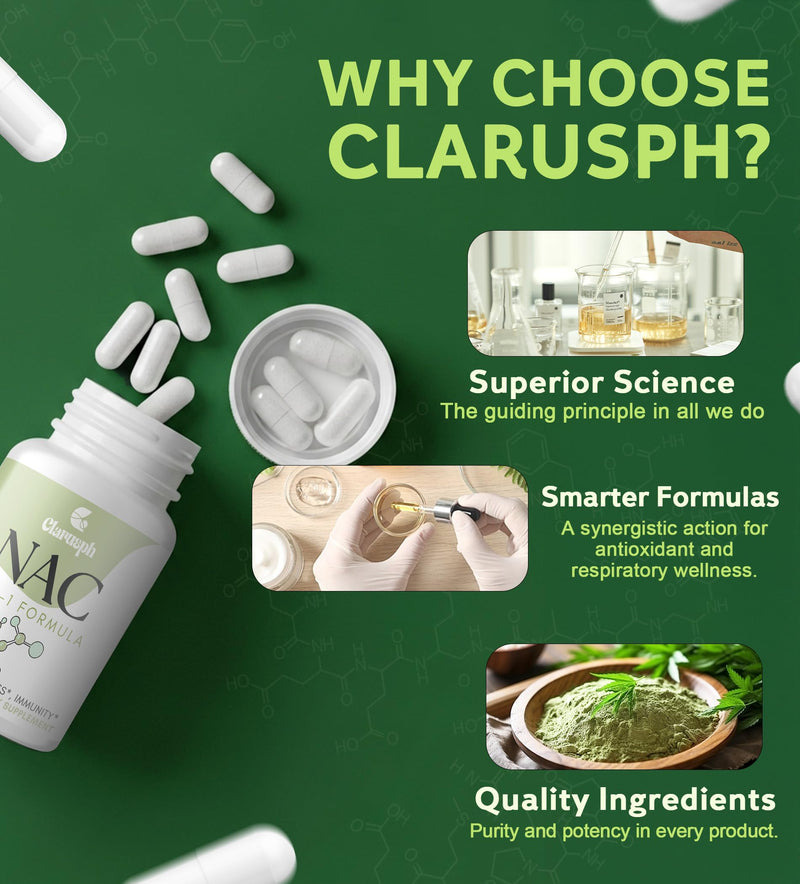 Clarusph NAC 1200mg – N-Acetyl Cysteine for Respiratory Support | Vegan, Gluten Free, 90 Caps