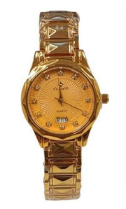Clasico Ladies Bling Dated Water Resistant Round Dial Gold Metal Strap Watch - InStock