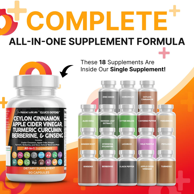 Clean Nutraceuticals Ceylon Cinnamon & Berberine Capsules with Apple Cider Vinegar – 16-in-1 Formula
