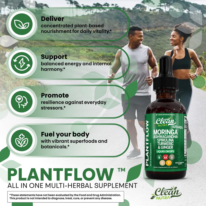 Clean Nutra Moringa Supplement Drops Ashwagandha Spirulina Chlorella Turmeric & Ginger Liquid Barley Grass with Chlorophyll Blue Green Algae Vitamin C Antioxidant Holy Basil Ceylon Cinnamon PlantFlow