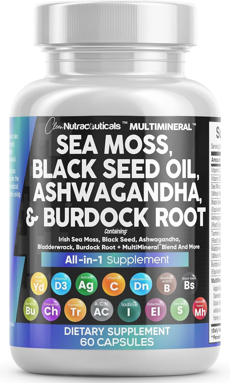 Clean Nutraceuticals Sea Moss & Black Seed Oil 15-in-1 with Ashwagandha, Turmeric, Vitamin C & D3