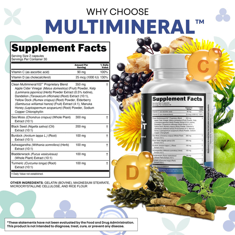 Clean Nutraceuticals Sea Moss & Black Seed Oil 15-in-1 with Ashwagandha, Turmeric, Vitamin C & D3