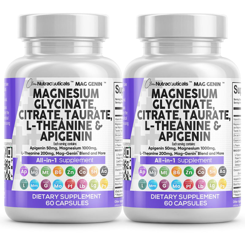 Clean Nutraceuticals Magnesium Glycinate Complex 1000mg with L-Theanine 200mg and Apigenin 50mg Citrate Taurate – 60 Count Pack of 2