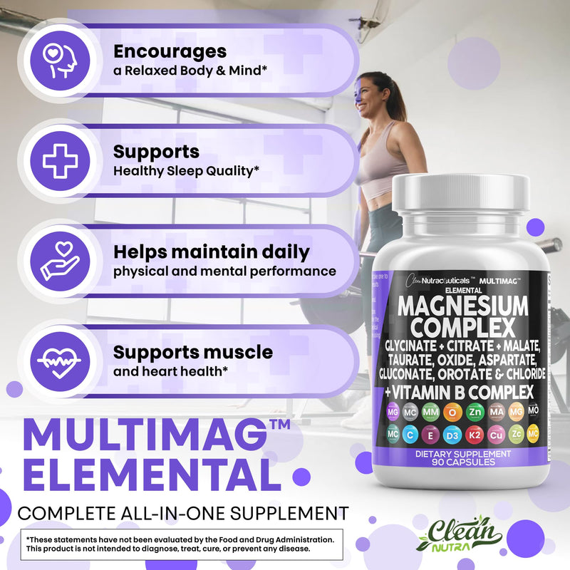 Clean Nutraceuticals MultiMag Magnesium Complex (9 Forms) with Zinc, Copper, Manganese & B Vitamins – 1 Pack