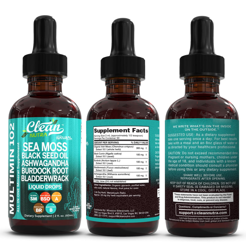 Clean Nutraceuticals Sea Moss Drops – Organic Multimineral Sea Moss Liquid with Ashwagandha & Black Seed Oil