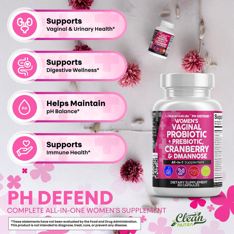 Clean Nutraceuticals Vaginal Probiotics + Prebiotics 20B – Cranberry & D-Mannose Urinary Health, 3-Pack